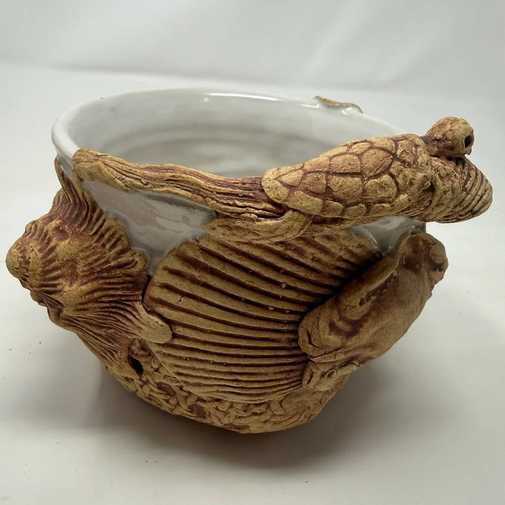 Karin Villareman Studio Pottery Sea Turtle Crab Shell Nautical Sculptural Bowl